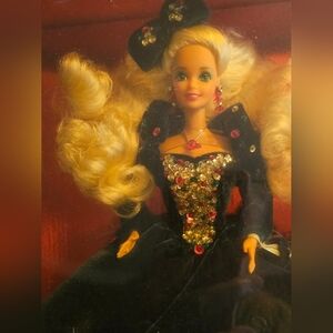 Blonde Doll With Dark Green Dress And Multi  Accents. Yellowing Of Plastic Front